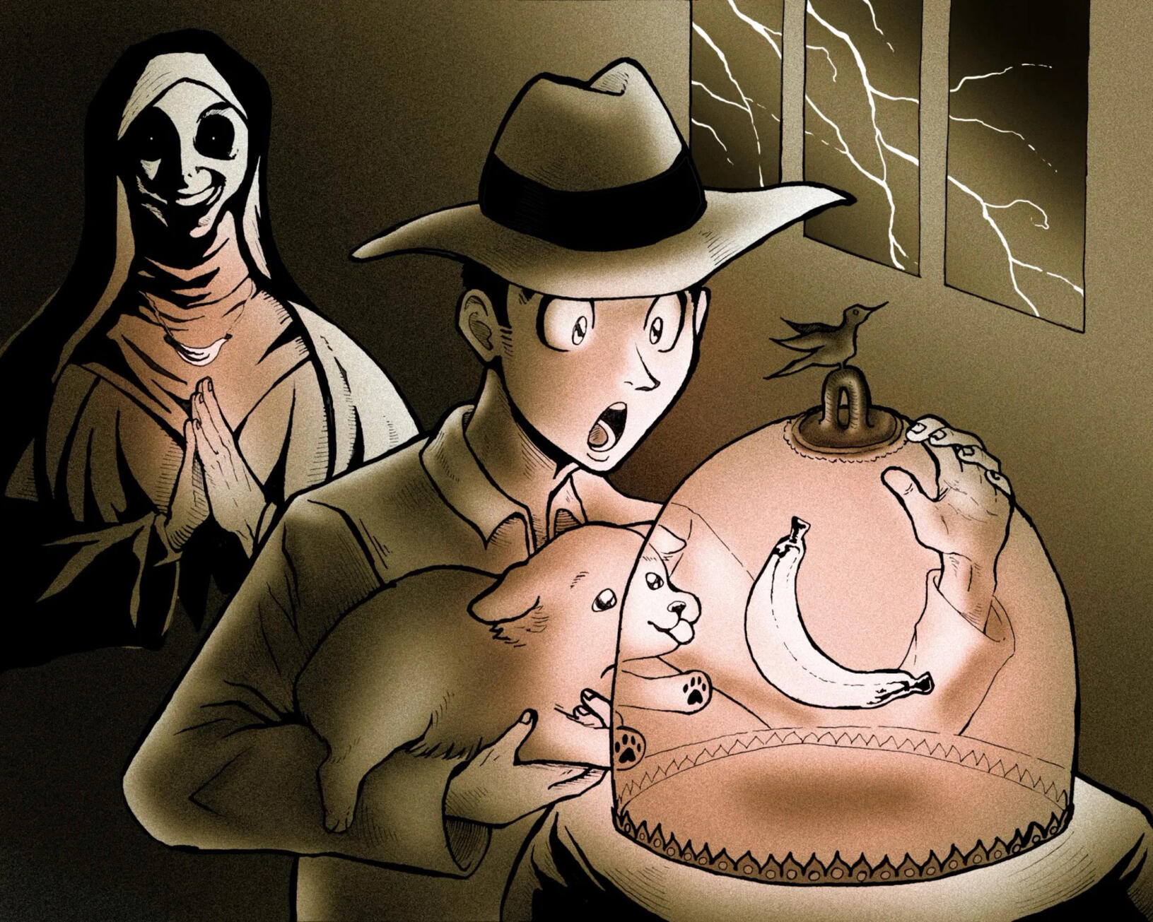 Man, Woman, Dog, Bird, Banana